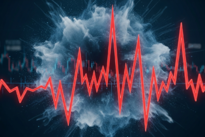 Imagem abstrata e dinâmica de extrema volatilidade do mercado financeiro com linhas irregulares.