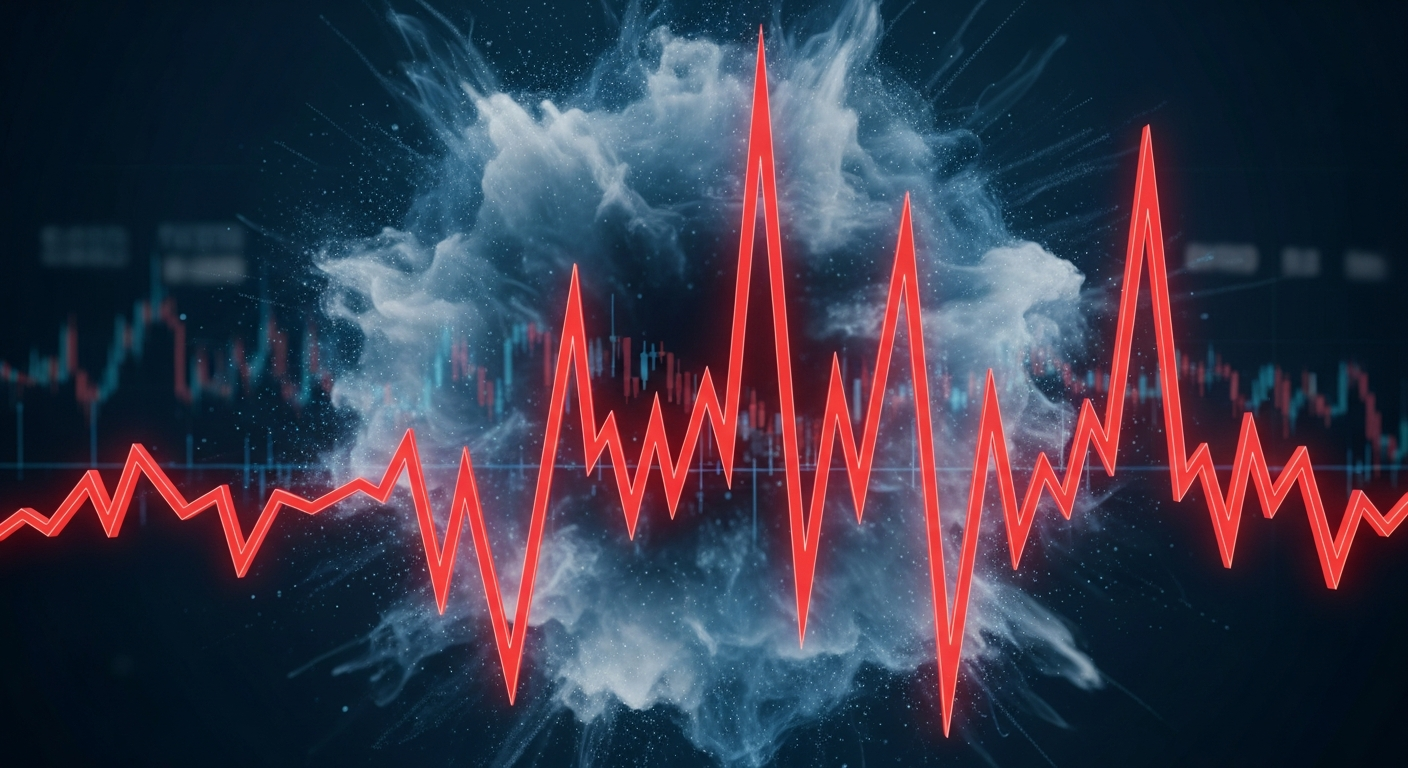 Imagem abstrata e dinâmica de extrema volatilidade do mercado financeiro com linhas irregulares.