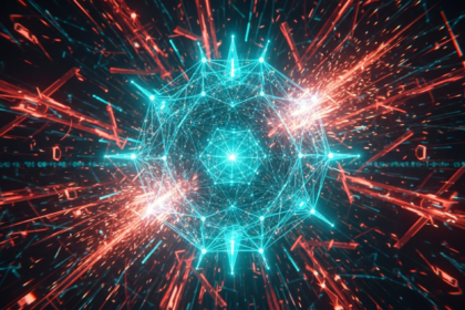 Vibrante estrutura geométrica abstrata em azul-petróleo, rede descentralizada resiliente sob ataque digital.