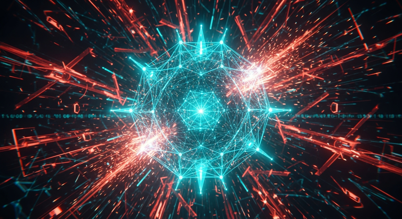 Vibrante estrutura geométrica abstrata em azul-petróleo, rede descentralizada resiliente sob ataque digital.