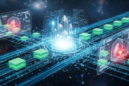 Rede blockchain futurista e dinâmica, fortificada por criptografia pós-quântica, com fluxos de dados brilhantes.