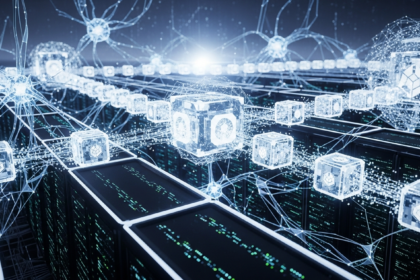 Vast futuristic servers merging cryptocurrency infrastructure with advanced artificial intelligence.