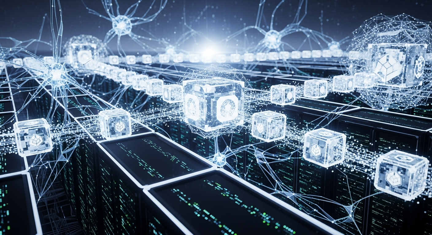 Vast futuristic servers merging cryptocurrency infrastructure with advanced artificial intelligence.