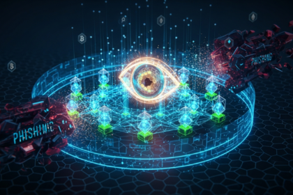 Modern digital art: radiant, intricate blockchain nodes network, symbolizing crypto vigilance and security.