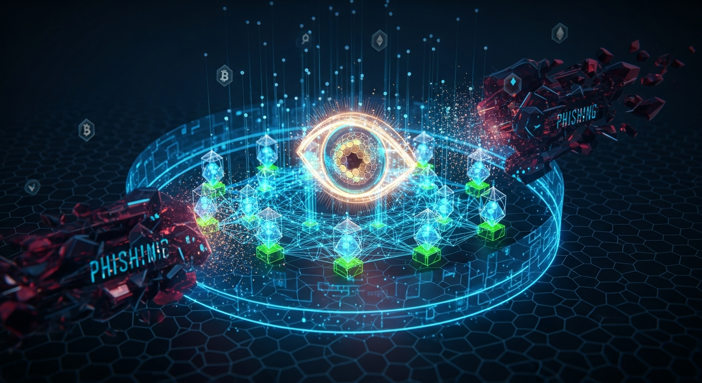 Modern digital art: radiant, intricate blockchain nodes network, symbolizing crypto vigilance and security.