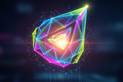 Símbolo geométrico abstrato vibrante, com linhas e facetas interconectadas e brilhantes, subindo dinamicamente.