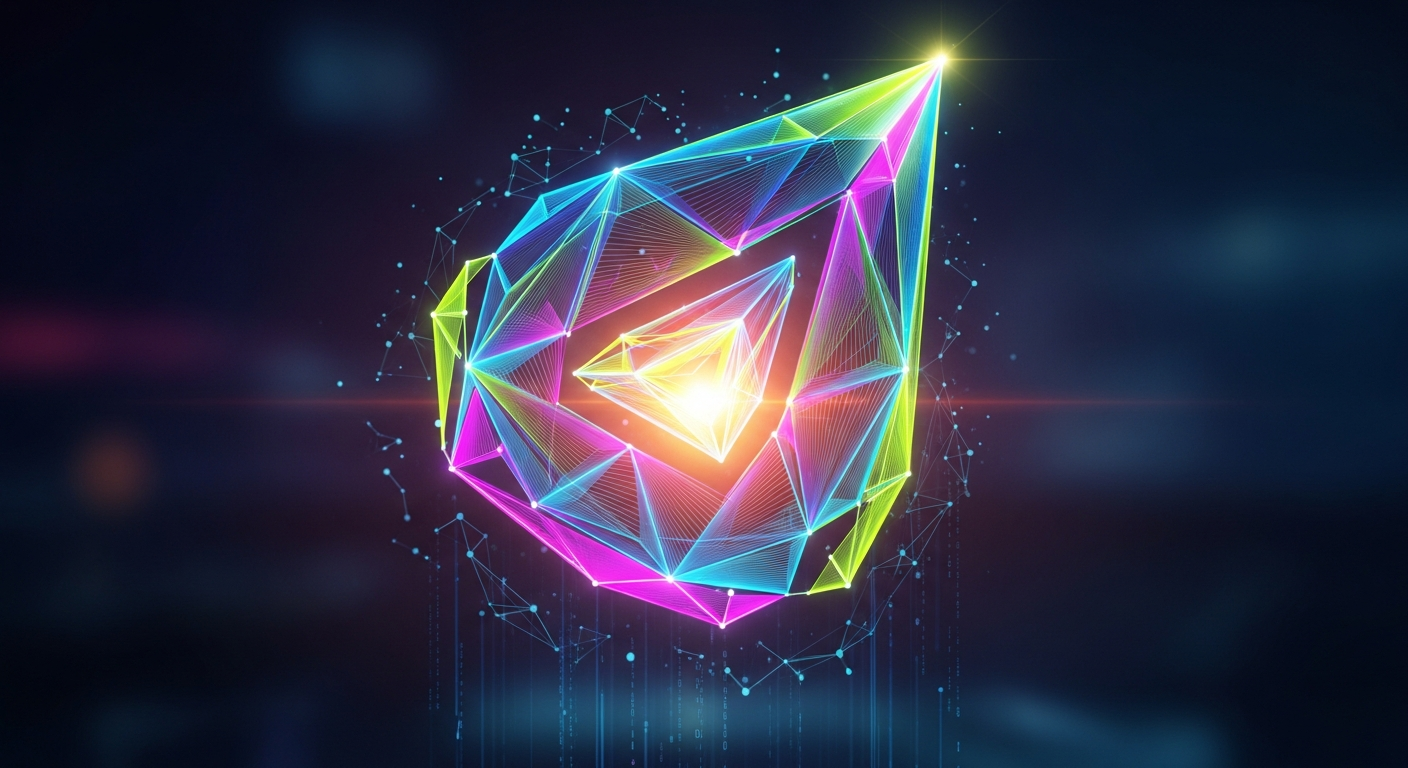 Símbolo geométrico abstrato vibrante, com linhas e facetas interconectadas e brilhantes, subindo dinamicamente.