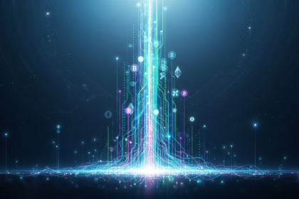 Arte abstrata: uma espiral digital ascendente de fluxos de dados vibrantes e interconectados.