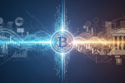 Composição abstrata moderna com um símbolo Bitcoin metálico e luminoso emergindo de