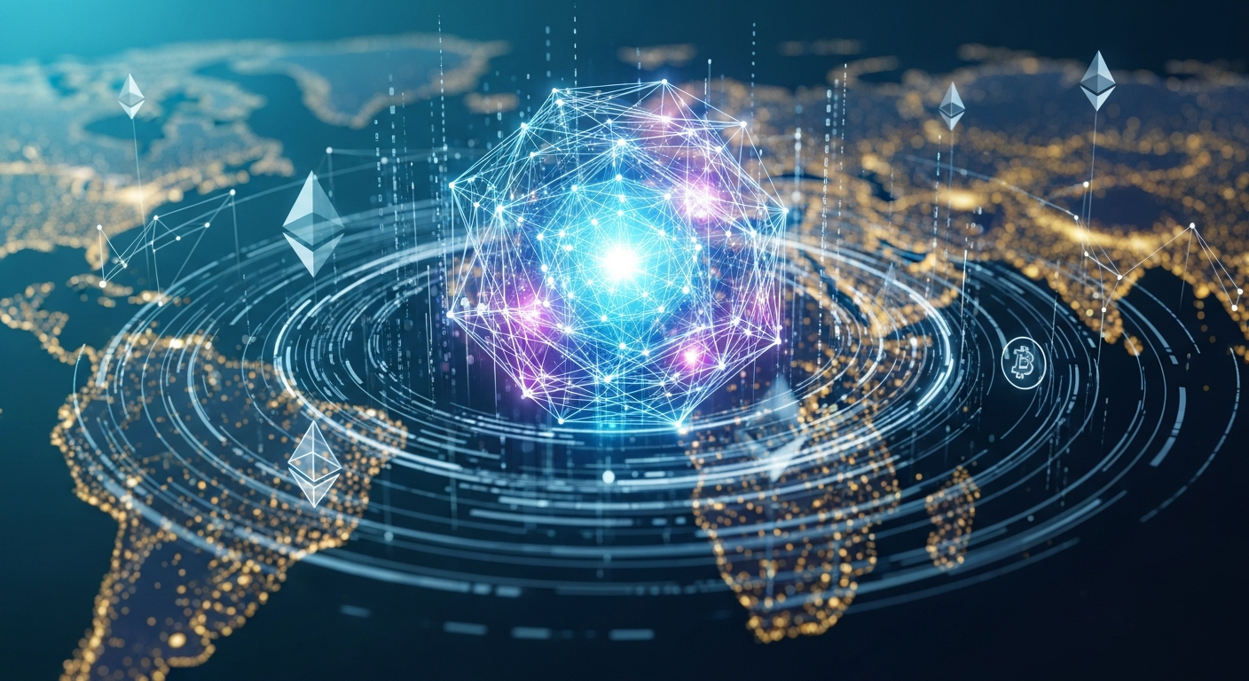 Arte digital: Estrutura geométrica central abstrata e brilhante, simbolizando um ativo digital ou núcleo de dados.