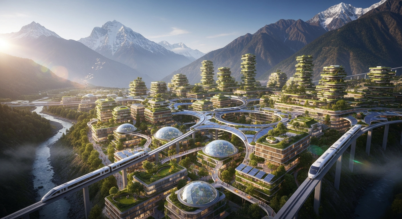 Cidade futurista e sustentável, com arquitetura moderna, aninhada nas montanhas do Himalaia.
