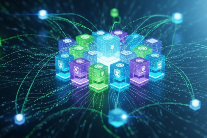 Arte digital abstrata com blockchain translúcido, nós brilhantes e fluxos de dados intrincados.