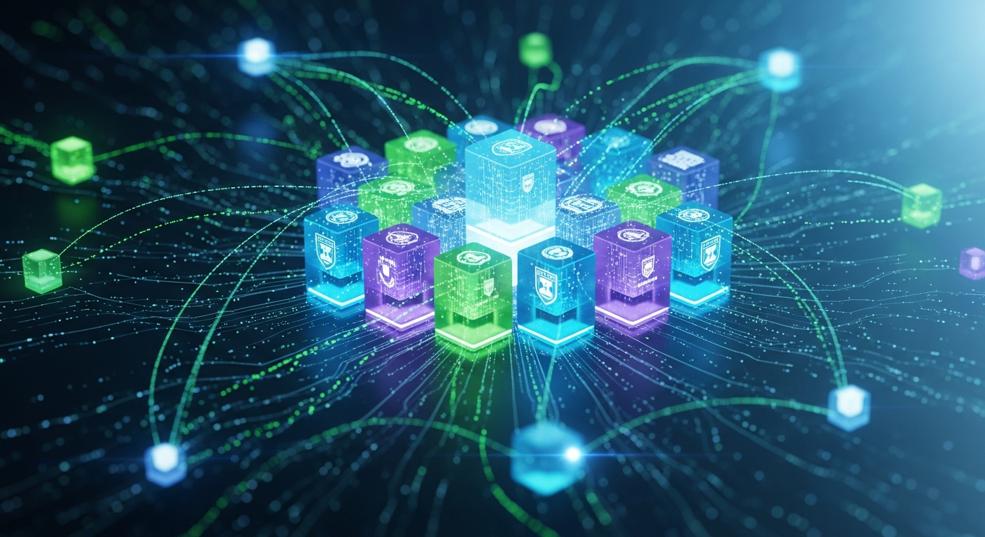 Arte digital abstrata com blockchain translúcido, nós brilhantes e fluxos de dados intrincados.