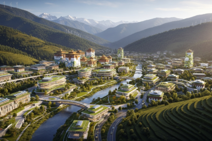 Vista aérea de cidade futurista sustentável com arquitetura moderna em vale exuberante do Himalaia.