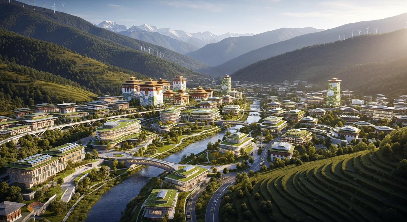 Vista aérea de cidade futurista sustentável com arquitetura moderna em vale exuberante do Himalaia.