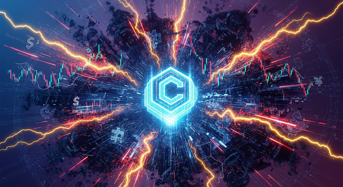 Arte digital abstrata: forma geométrica de criptomoeda brilhante no centro de uma tempestade financeira.