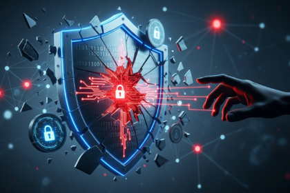 Imagem abstrata sofisticada de vulnerabilidade e ameaça digital em segurança cibernética.