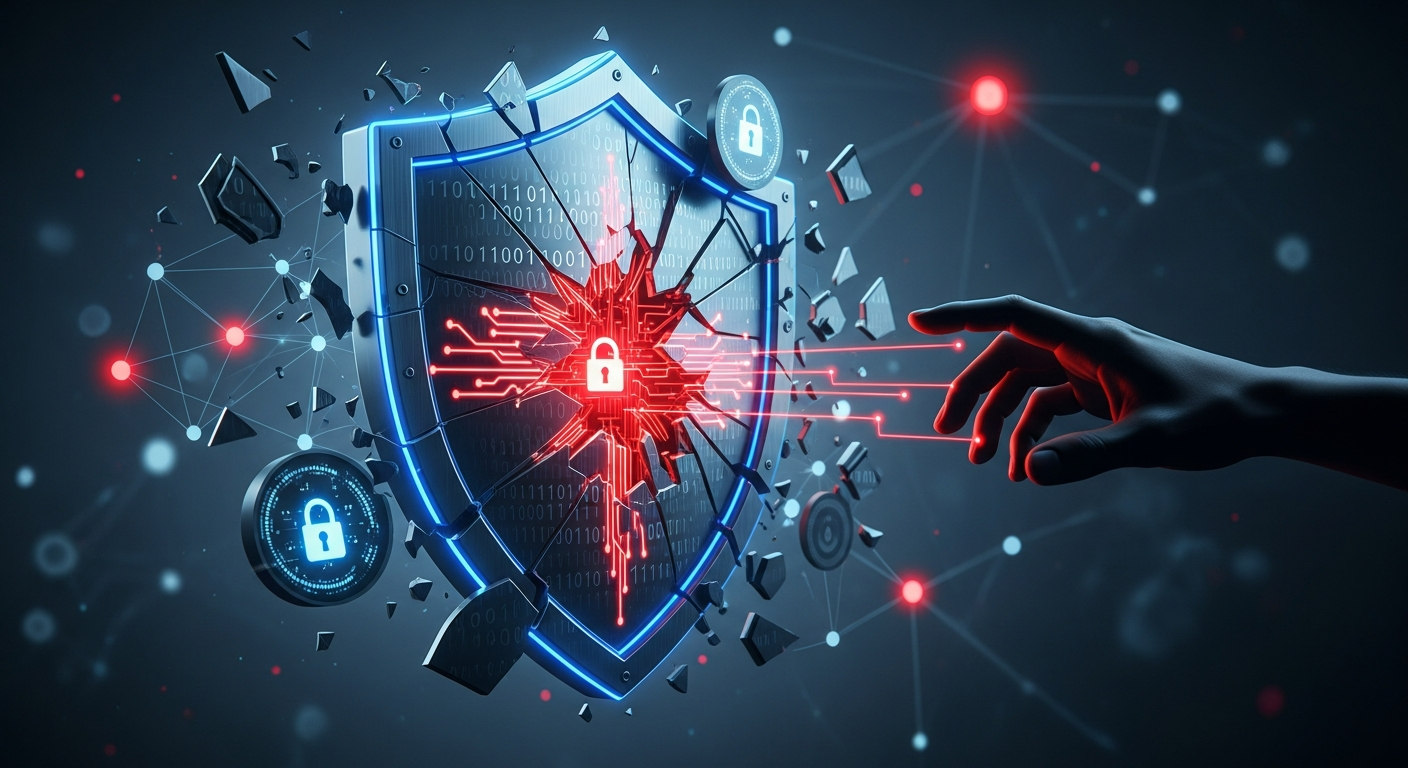 Imagem abstrata sofisticada de vulnerabilidade e ameaça digital em segurança cibernética.