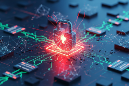 Arte digital abstrata: violação de segurança Web3, cadeado quebrado, rachaduras vermelhas, blockchain interrompida.