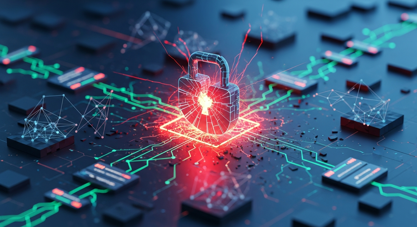 Arte digital abstrata: violação de segurança Web3, cadeado quebrado, rachaduras vermelhas, blockchain interrompida.