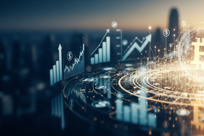 Um construto digital abstrato e brilhante representando a integração de ETFs de Bitcoin nas finanças globais.