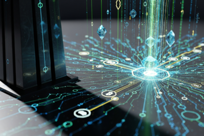 Imponente estrutura monolítica de regulação financeira sombreia rede dinâmica de mineração Bitcoin.