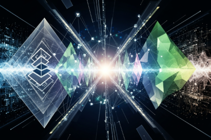 Arte abstrata digital moderna: IA, blockchain e fluxos de dados luminosos em comércio futurista.