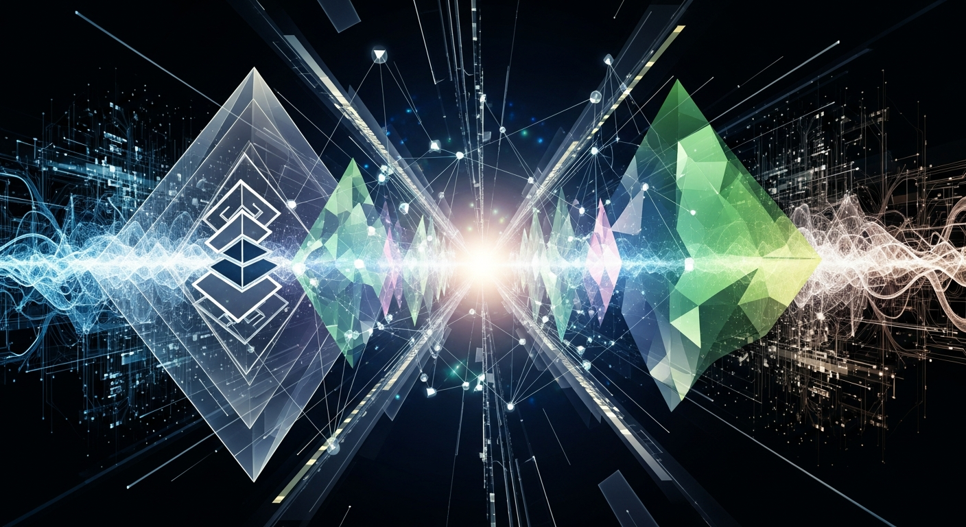 Arte abstrata digital moderna: IA, blockchain e fluxos de dados luminosos em comércio futurista.