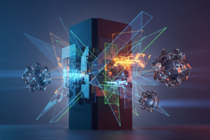 Abstract, monumental dark geometric structure ancorando o primeiro plano, representando a reconfiguração do mercado Bitcoin.