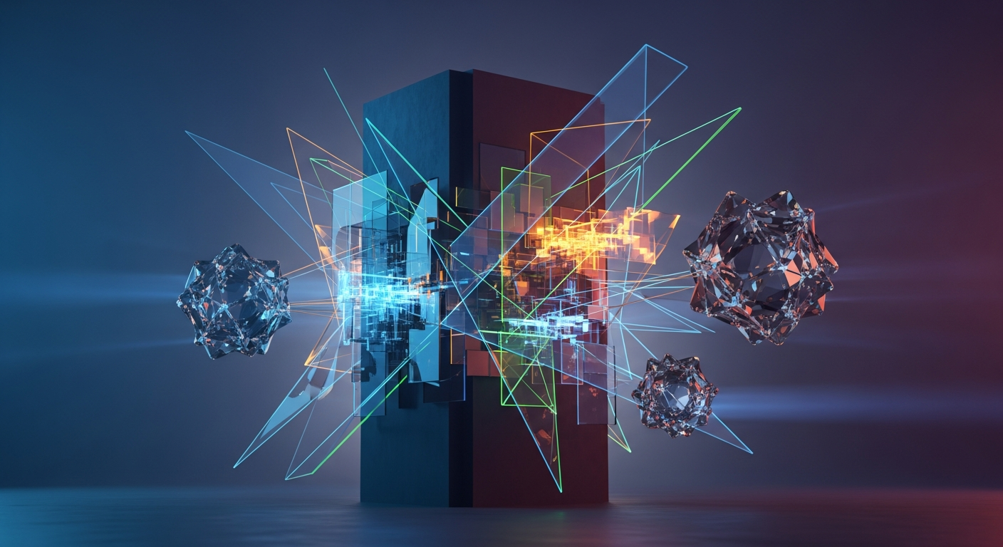 Abstract, monumental dark geometric structure ancorando o primeiro plano, representando a reconfiguração do mercado Bitcoin.