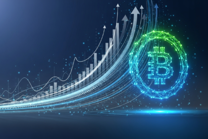 Arte conceitual moderna: otimismo econômico e finanças digitais convergindo com símbolo geométrico brilhante.