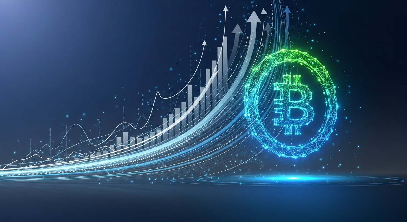 Arte conceitual moderna: otimismo econômico e finanças digitais convergindo com símbolo geométrico brilhante.