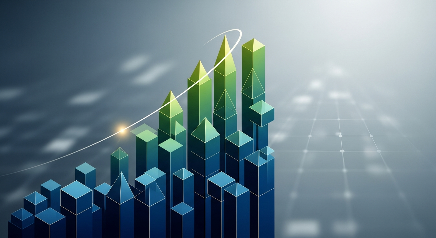 Ilustração abstrata profissional com formas geométricas ascendentes, representando crescimento e estab