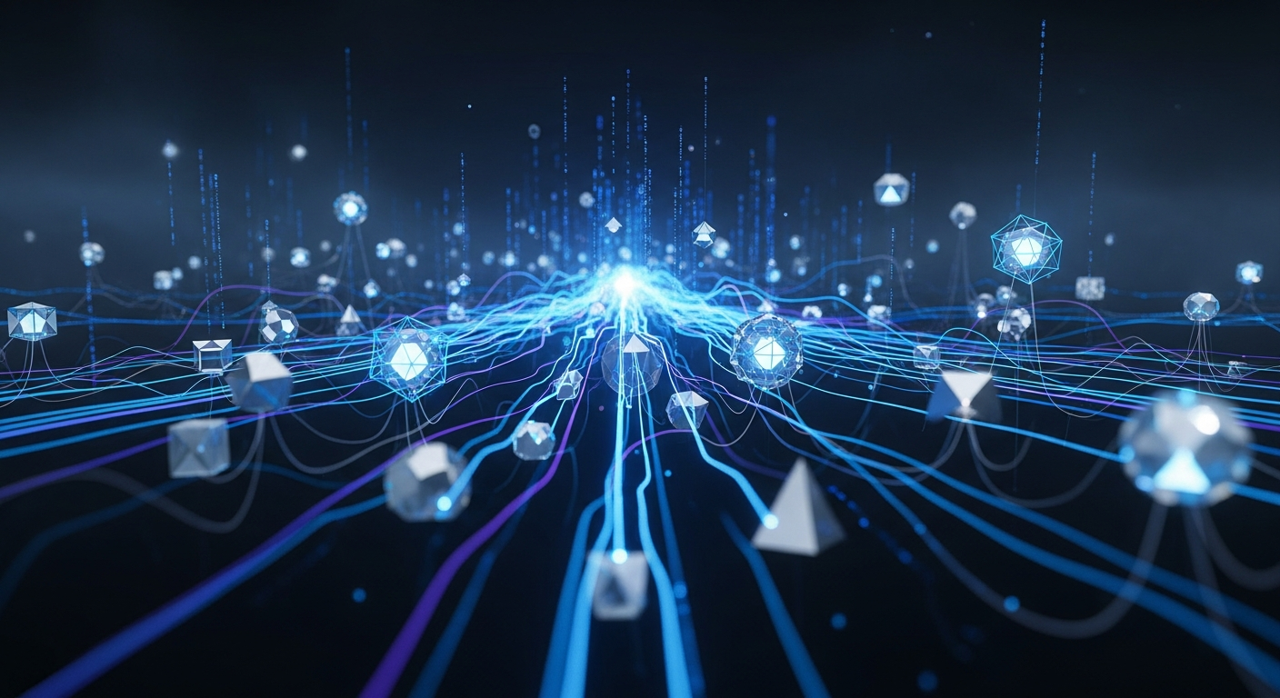 Representação abstrata de uma rede DePIN com linhas de dados brilhantes e nós geométricos distribuídos.