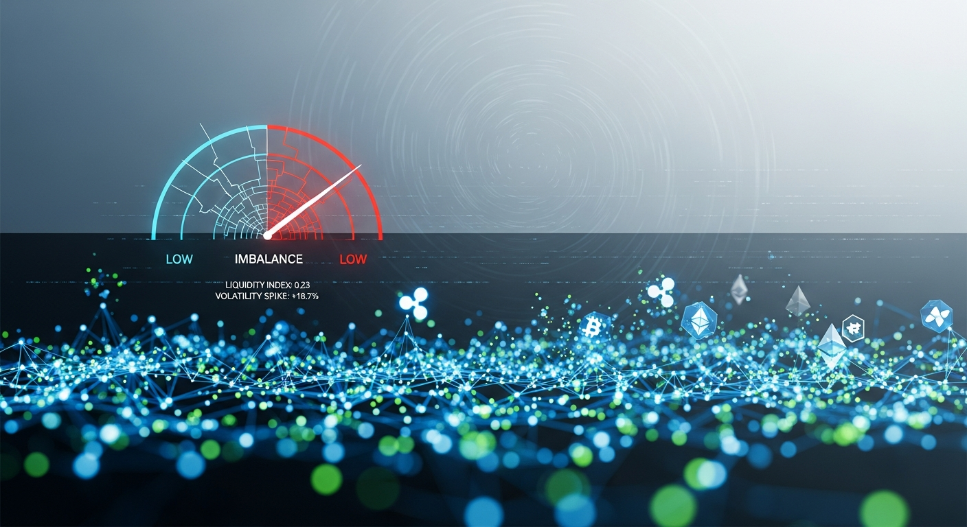 Arte digital moderna representando volatilidade e desequilíbrio de liquidez no mercado de criptomoedas.