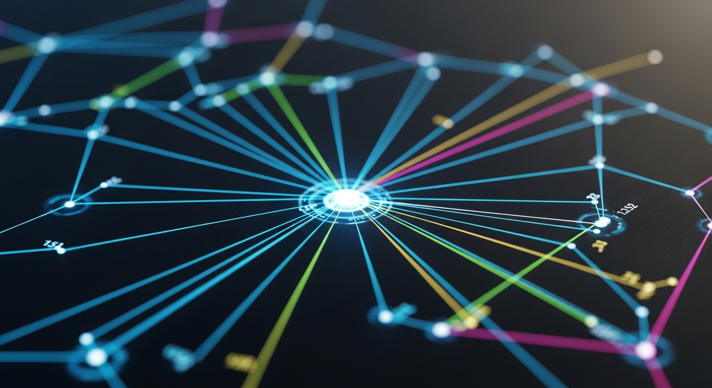 Rede digital complexa de linhas brilhantes e nós abstratos, representando transações interconectadas.