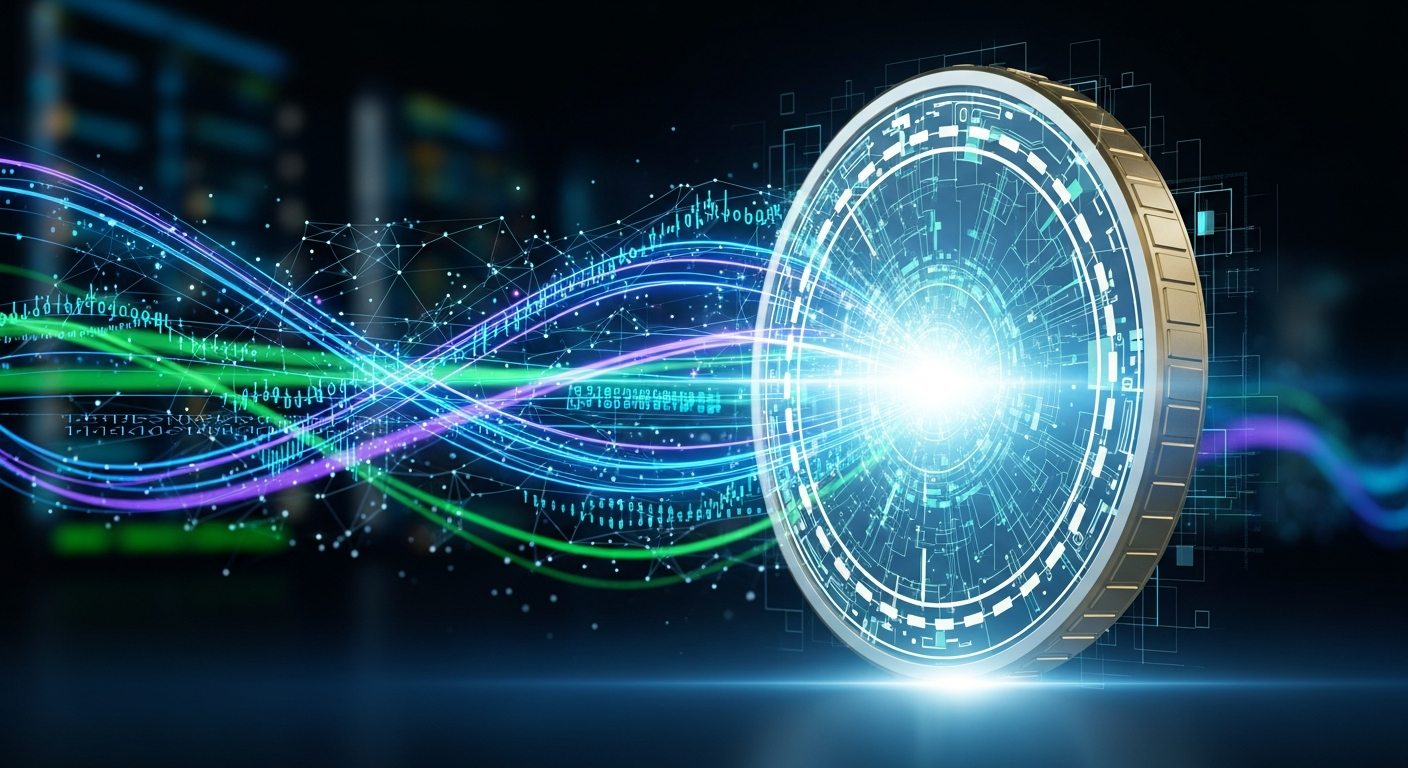 Moeda digital abstrata, brilhante e multifacetada, cercada por fluxos dinâmicos de dados vívidos.