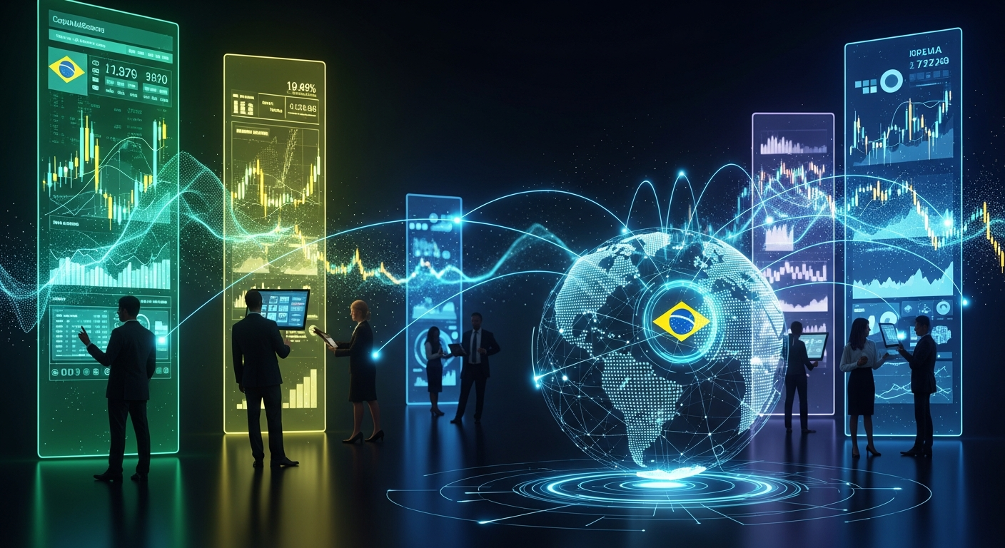 Futuro do mercado de capitais brasileiro, com hub financeiro global abstrato e dinâmico.