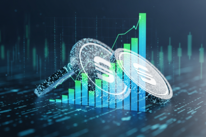 Tokens digitais abstratos e brilhantes de stablecoin ou clusters de dados com estética futurista.