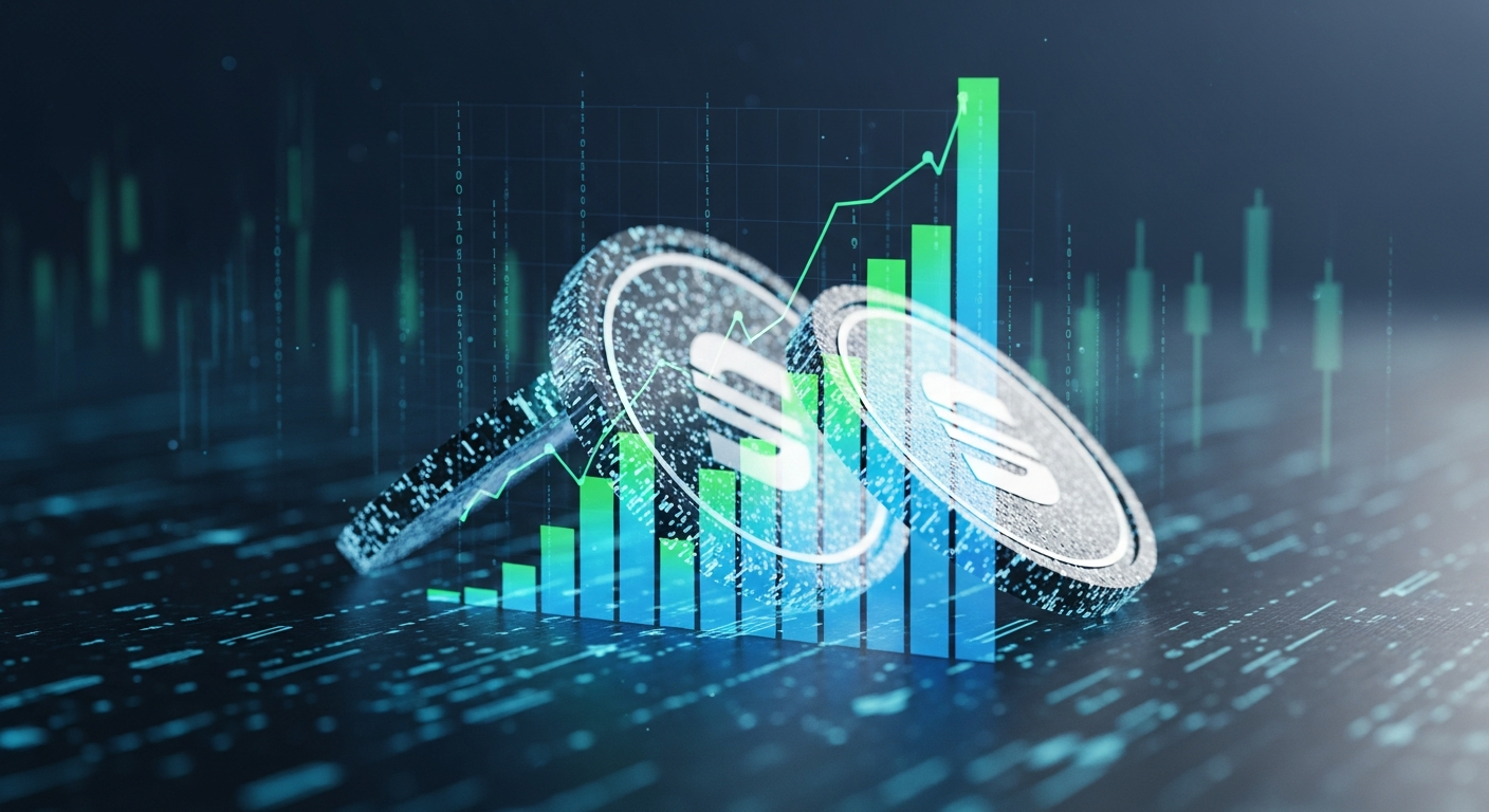 Tokens digitais abstratos e brilhantes de stablecoin ou clusters de dados com estética futurista.