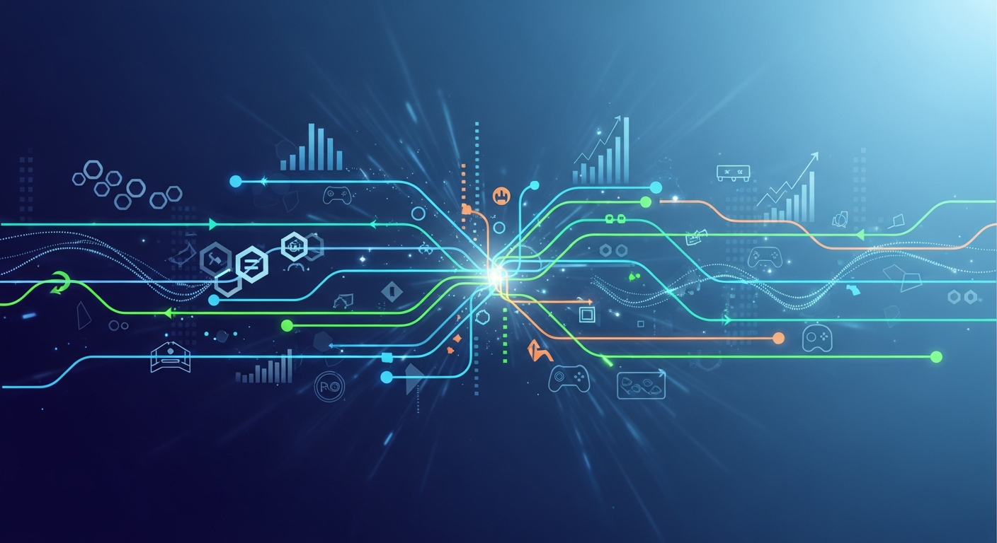 Ilustração abstrata com linhas brilhantes interconectadas representando a fusão de GameFi e blockchain.