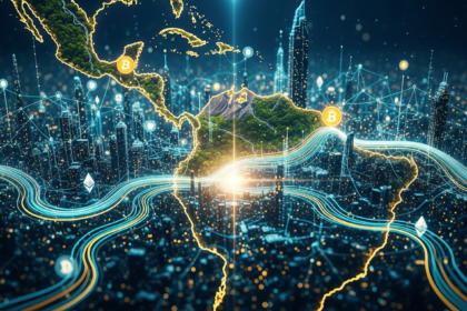 Arte digital abstrata e futurista representando a liderança da América Latina no ecossistema cripto.