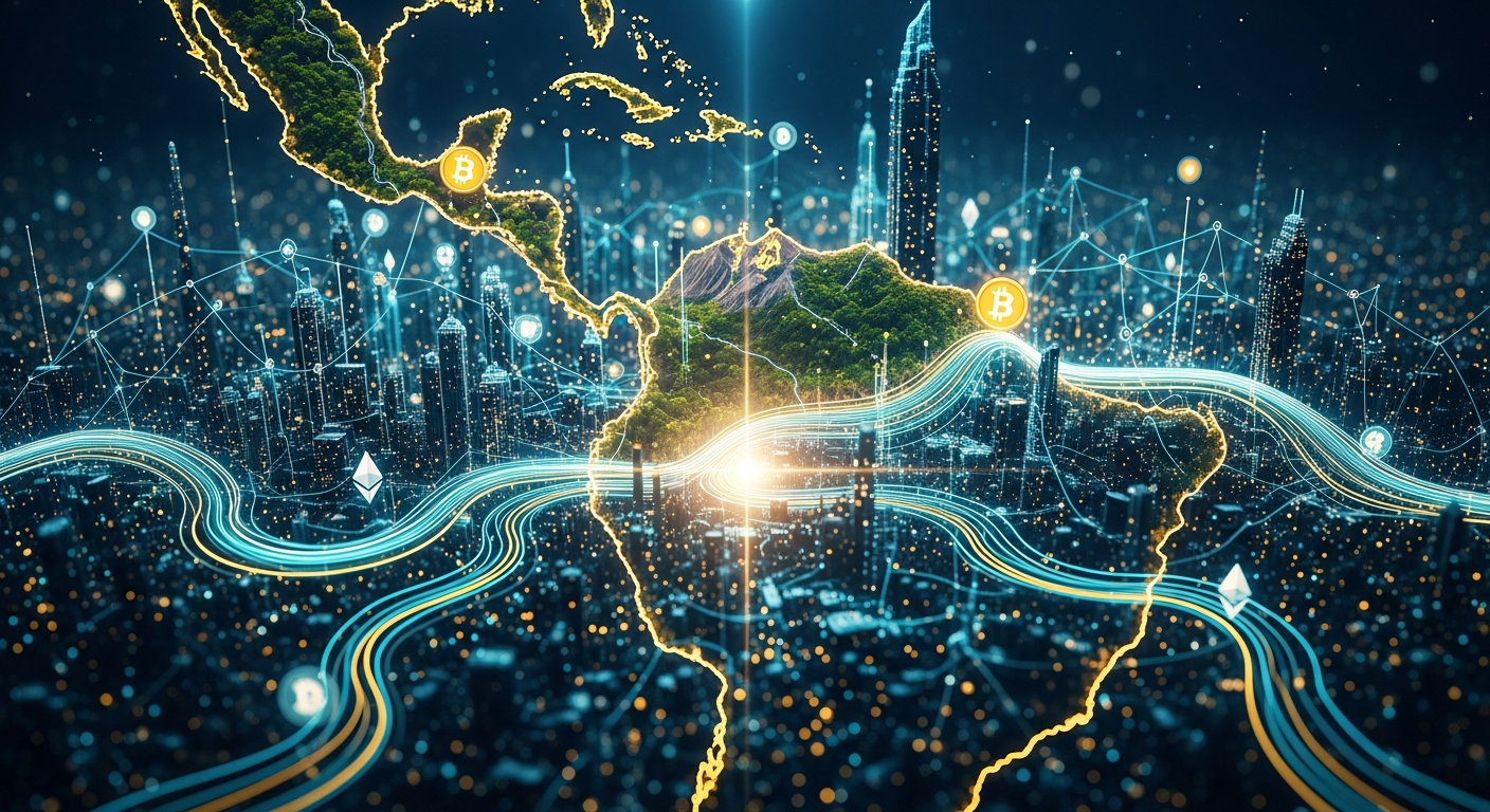Arte digital abstrata e futurista representando a liderança da América Latina no ecossistema cripto.