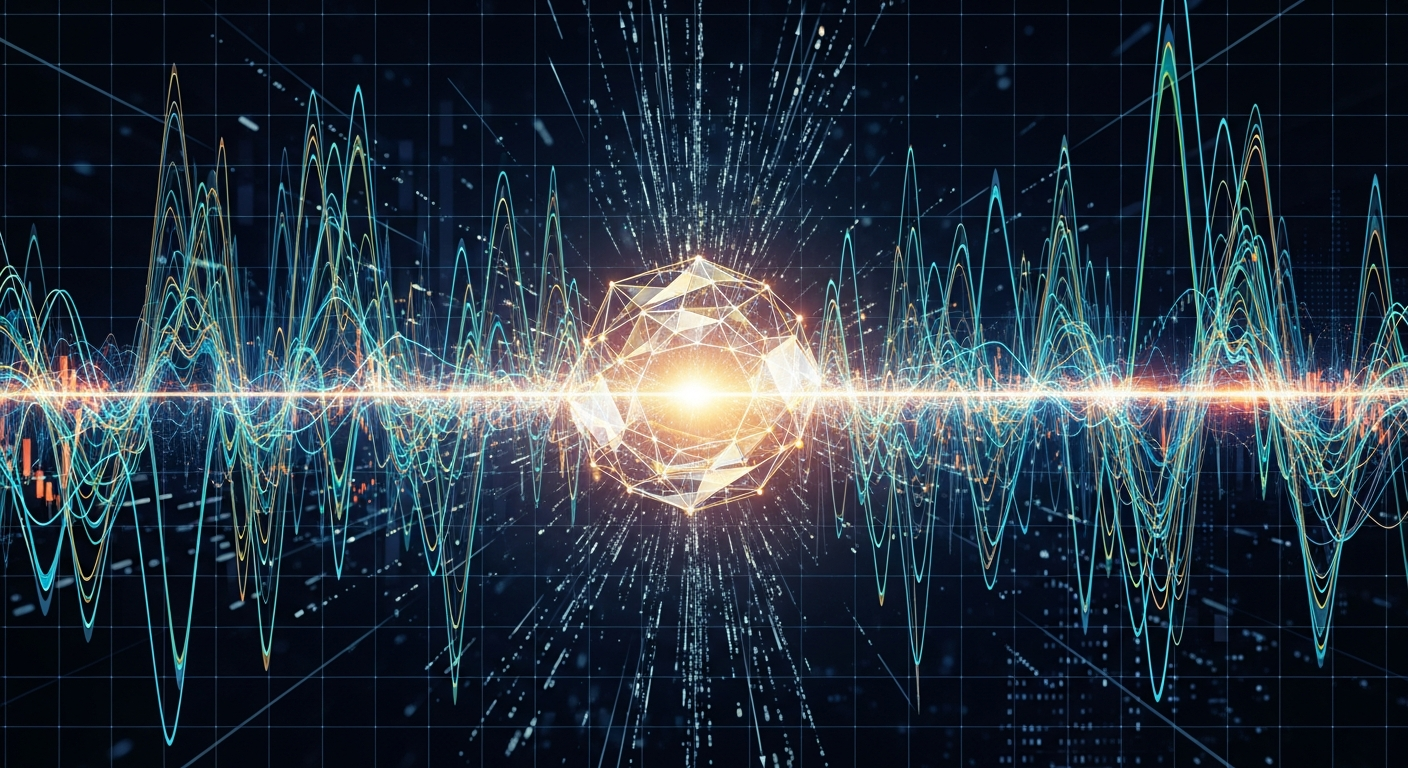 Arte digital abstrata moderna: estrutura cristalina geométrica brilhante representando criptomoeda e volatilidade financeira.