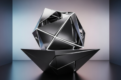 Estrutura geométrica abstrata e moderna: bloco cristalino polido ou plataforma metálica elegante.