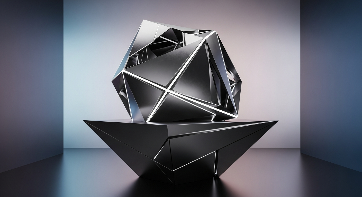 Estrutura geométrica abstrata e moderna: bloco cristalino polido ou plataforma metálica elegante.