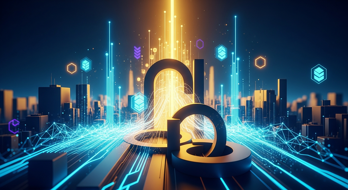 Arte digital abstrata: fluxos dinâmicos, formas geométricas e cidade futurista para o mercado cripto brasileiro.