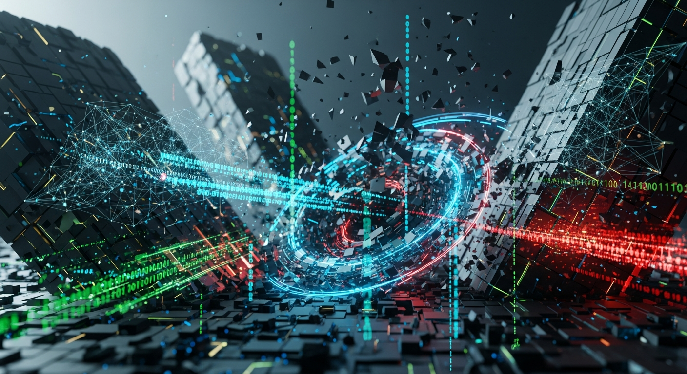 Imagem abstrata e moderna com estruturas arquitetônicas geométricas fragmentadas e dinâmicas.