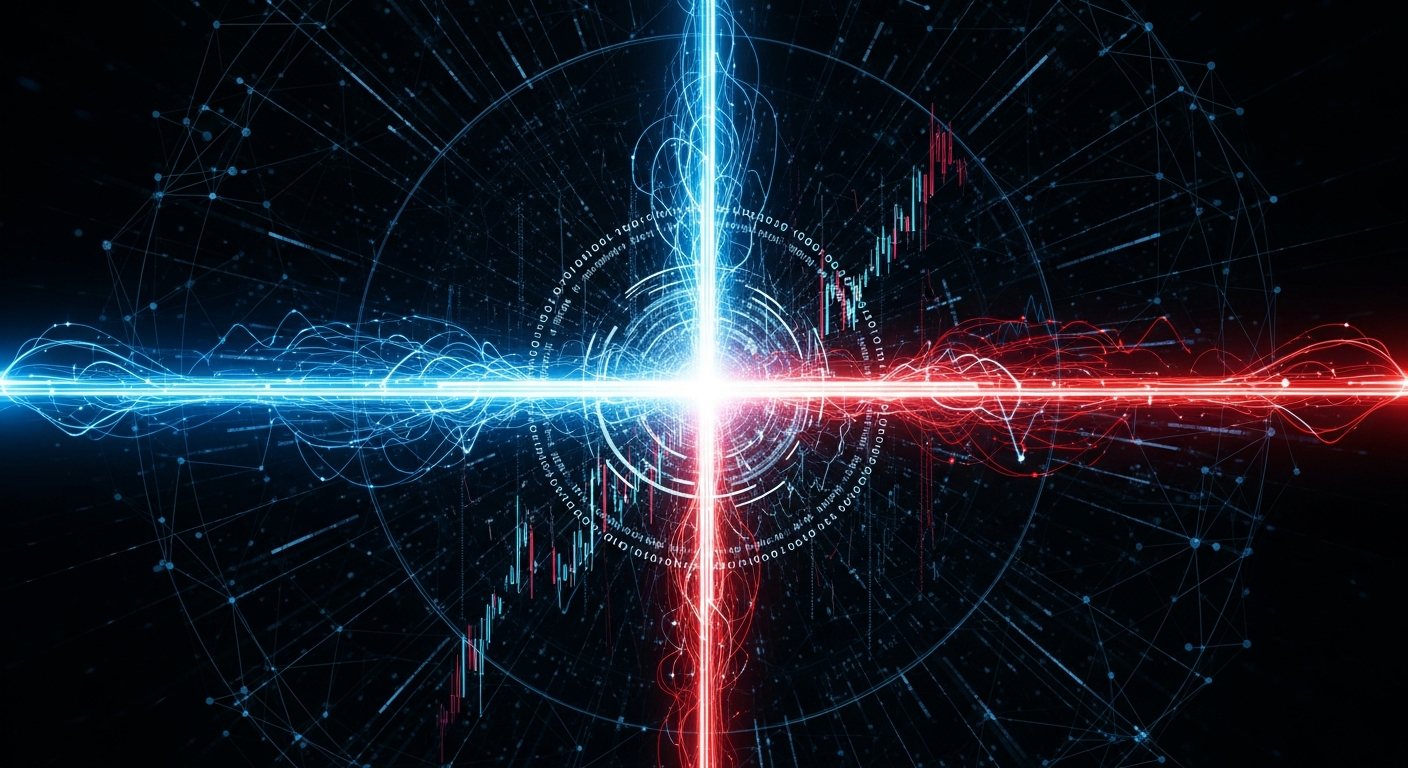 Caminho digital financeiro com fluxos de dados azuis elétricos que se cruzam e divergem.