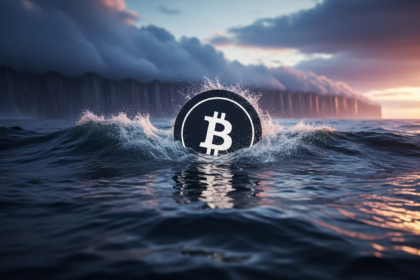 Ícone digital minimalista em ondas escuras e turbulentas, com barreira e pôr do sol dramático.